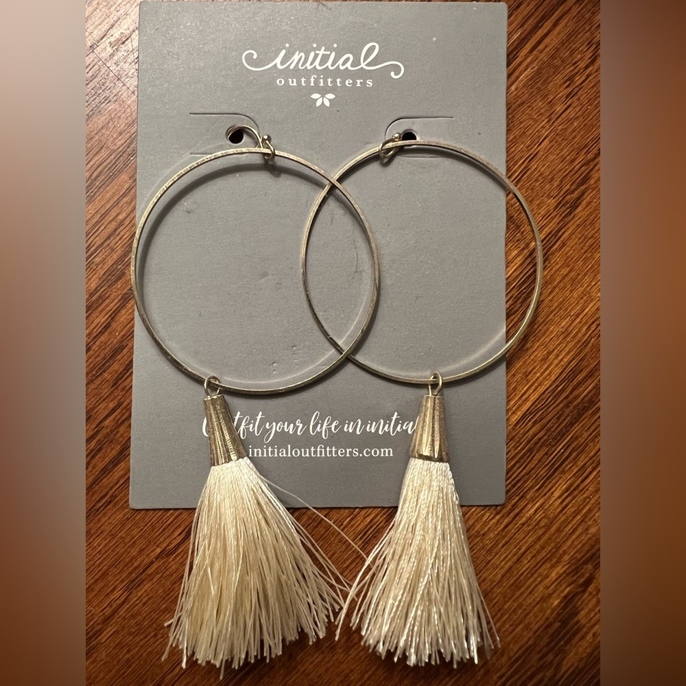 Initial outfitters gold hoop earrings with light creme tassel  STOCKING STUFFER!